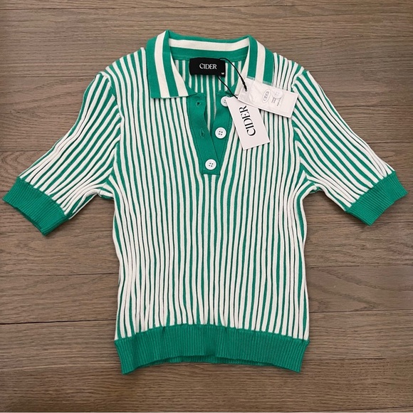 NWT Cider Stripe Knit Slim Green and White Polo Ribbed Crop Top Size Medium - Picture 7 of 9